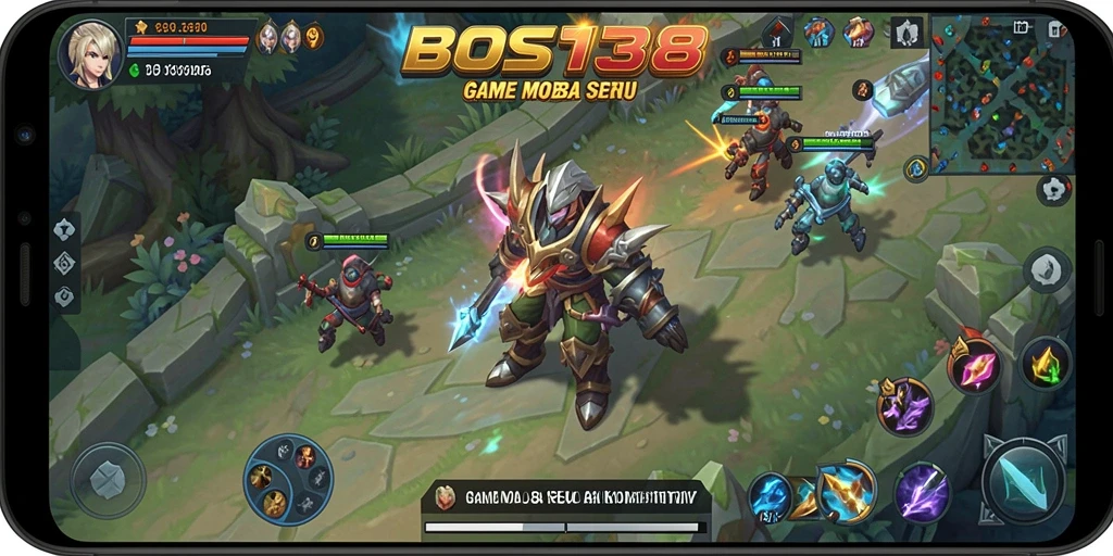 Screenshot gameplay BOS138 menunjukkan pertempuran seru di arena MOBA.