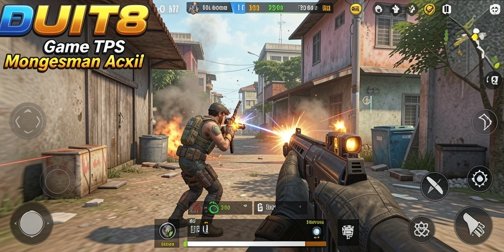 Tampilan gameplay intens di DUIT8 dengan aksi TPS yang seru.
