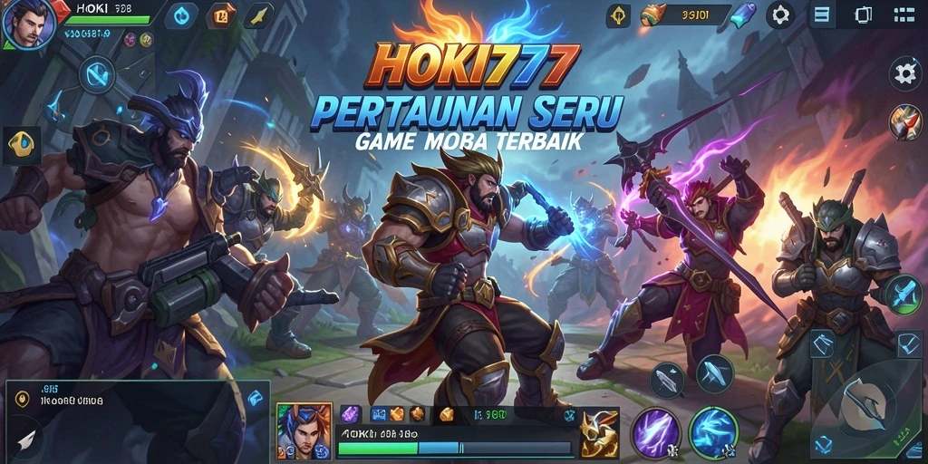 Tangkapan layar HOKI777 menunjukkan momen seru dalam pertempuran antar tim MOBA.