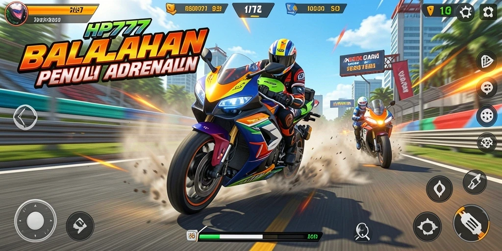Screenshot gameplay HP777 menampilkan aksi balapan motor yang mendebarkan.
