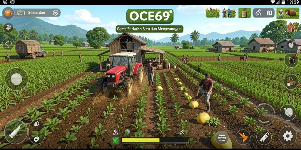 Tangkapan layar OCE69 menunjukkan gameplay seru pertanian yang penuh warna.