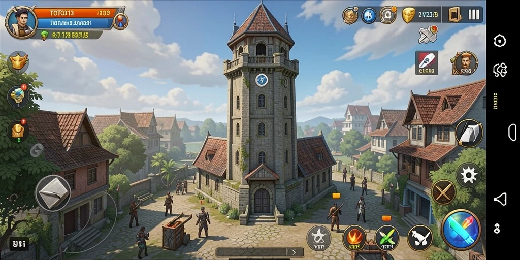 Screenshot menunjukkan gameplay intens dari menara yang menghancurkan musuh.